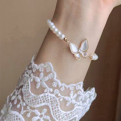 天然母貝蝴蝶手鏈女小衆設計時尚高級感可調節淡水珍珠溫柔風手飾