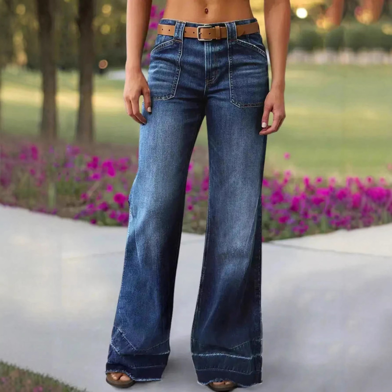 Cross-Border Amazon European and American Style Stretch Denim Straight-Leg Wide-Leg Mid-Waist Jeans with Gradient Frayed Hem Design