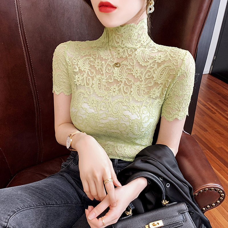 Sexy Hollow Lace Shirt Women's Short-sleeved Summer Wear Slimming Western Style Top All-match Half-high Collar Lace Base Shirt