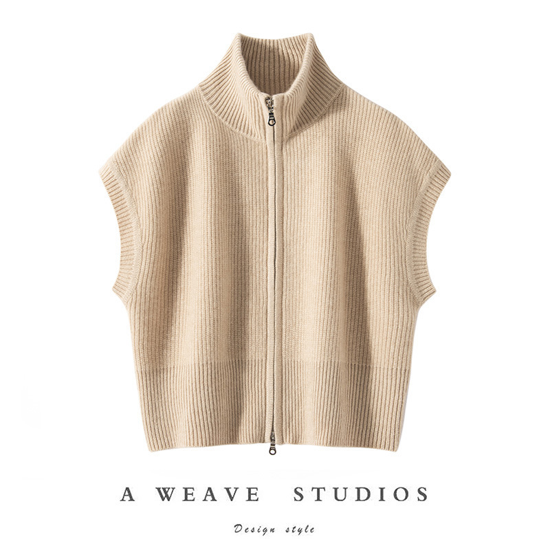 Lazy Style High Collar 100 Pure Cashmere Knitted Cardigan Women's Loose Western Style Horse Clip Sleeveless Double Zipper Sweater
