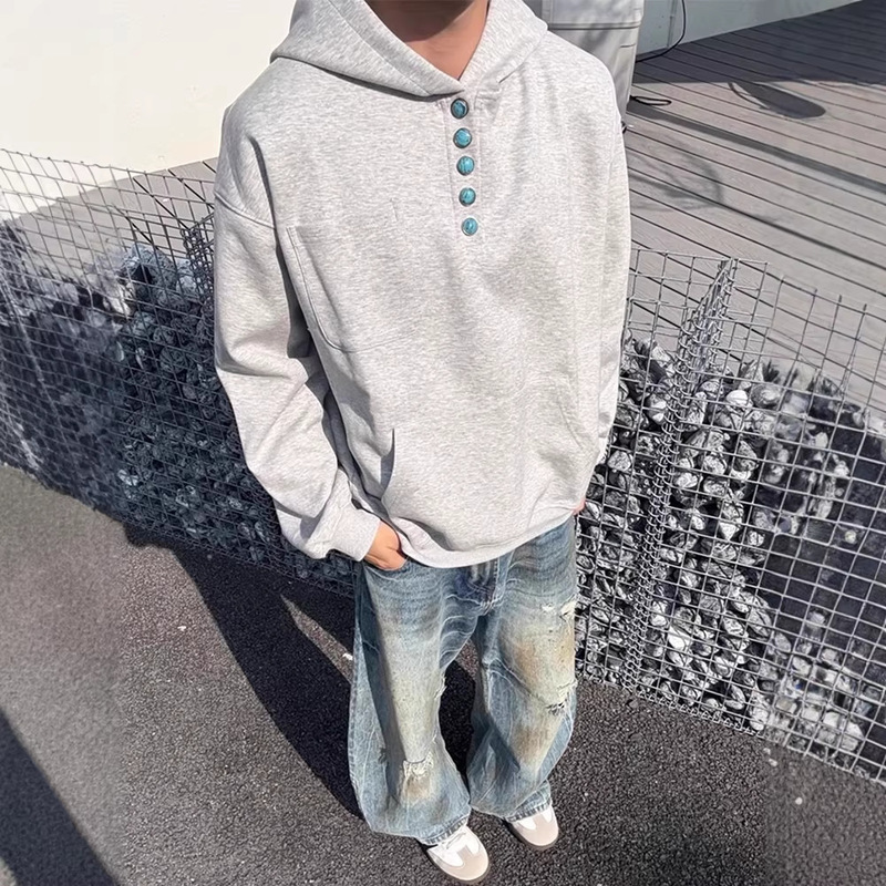 American Retro Turquoise Button-Up Hooded Sweatshirt for Men, High Street Heavy-Duty Cleanfit Couple's Jacket