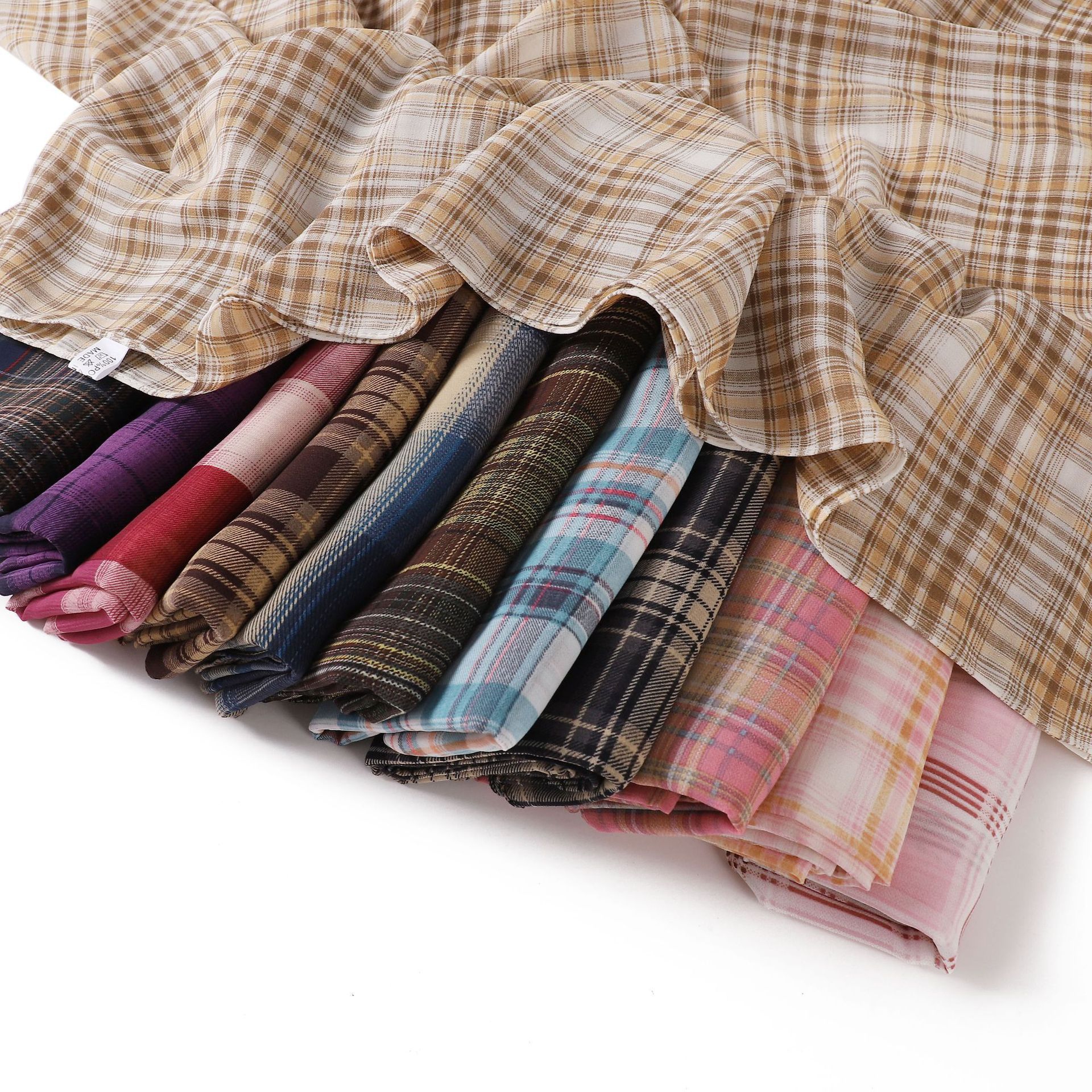 Foreign Trade Boutique Plaid Printing Pearl Chiffon Long Scarf Fashion All-match Elegant Women's Bag Headscarf Sunscreen Shawl Scarf