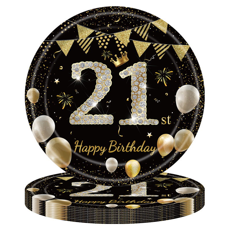 黑金周岁生日派对纸盘21岁30岁100岁纪念日一次性餐盘纸巾桌布|undefined