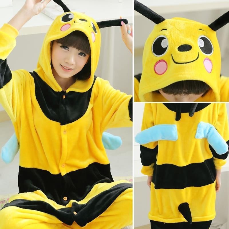 冬のフランネル大人の動物漫画ワンピースパジャマ小さな蜂かわいいカップルスタイル厚みのあるホーム服トイレ|undefined