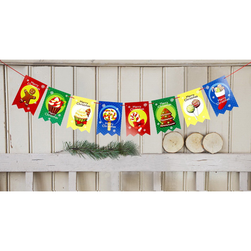 Banderas navideñas transfronterizas en stock, 24 tipos de banderas de dibujos animados, decoraciones navideñas al por mayor de fabricantes, admiten pedidos de lotes mixtos.