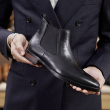 冬季跨境英伦风真皮高帮切尔西靴大码头层牛皮一脚蹬手工男士短靴