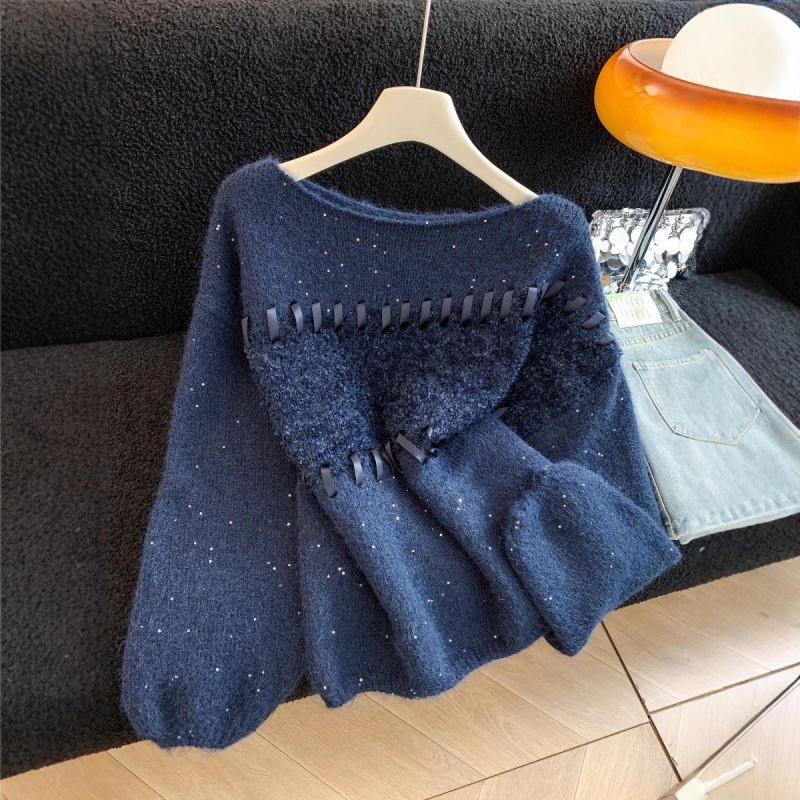 Thirteen Lines Navy Blue Right Shoulder Knitwear for Women 2025 Autumn and Winter New Contrasting Color Stitching Shiny Mohair Knitwear