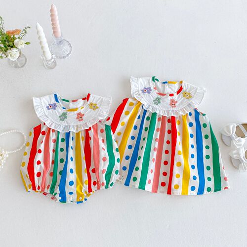 Baby Girl Polka Dot Blouse Skirt 2025 Summer Embroidered Bear Dress Trendy Infant Striped Diaper Cover