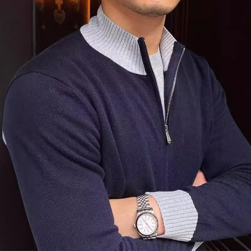 Color Blocked Double Zipper Knitted Sweater Men's Sweater Jacket Stand Up Collar Slim Fit Casual Cardigan Top_voghion.com