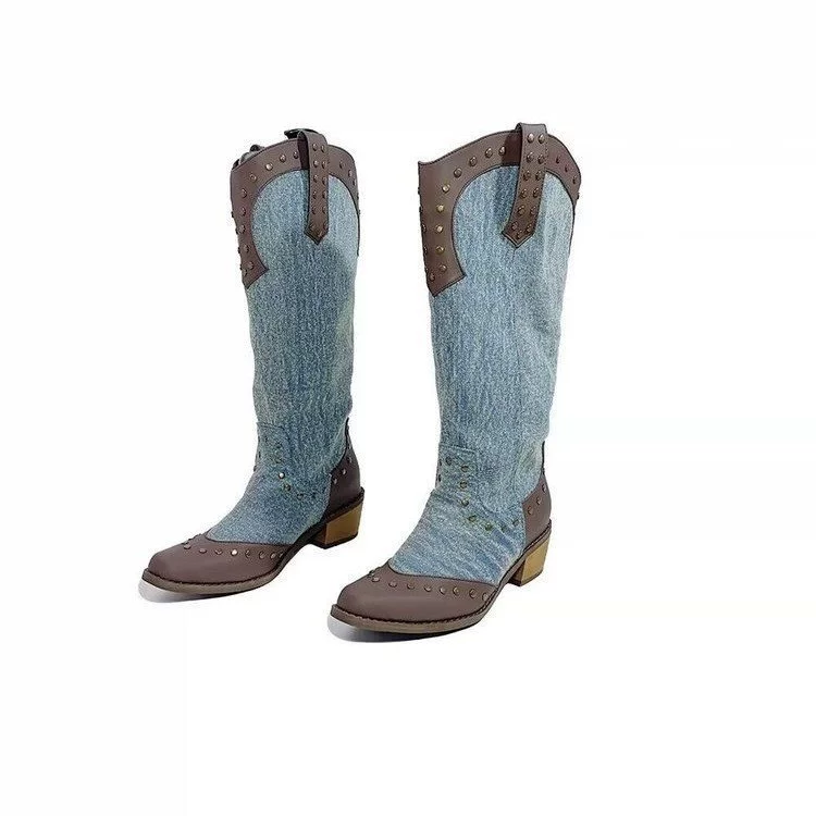 Внешняя торговля Новые рыцарские сапоги 2023 Зимние европейские и американские остроносые заклепки с заклепками Женская обувь на каблуке в национальном стиле сапоги больших размеров