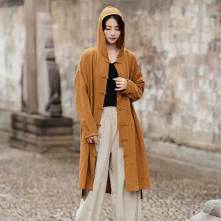 棉麻女装盘扣带帽袍子砂洗做旧禅修服新中式女上衣古风复古长风衣