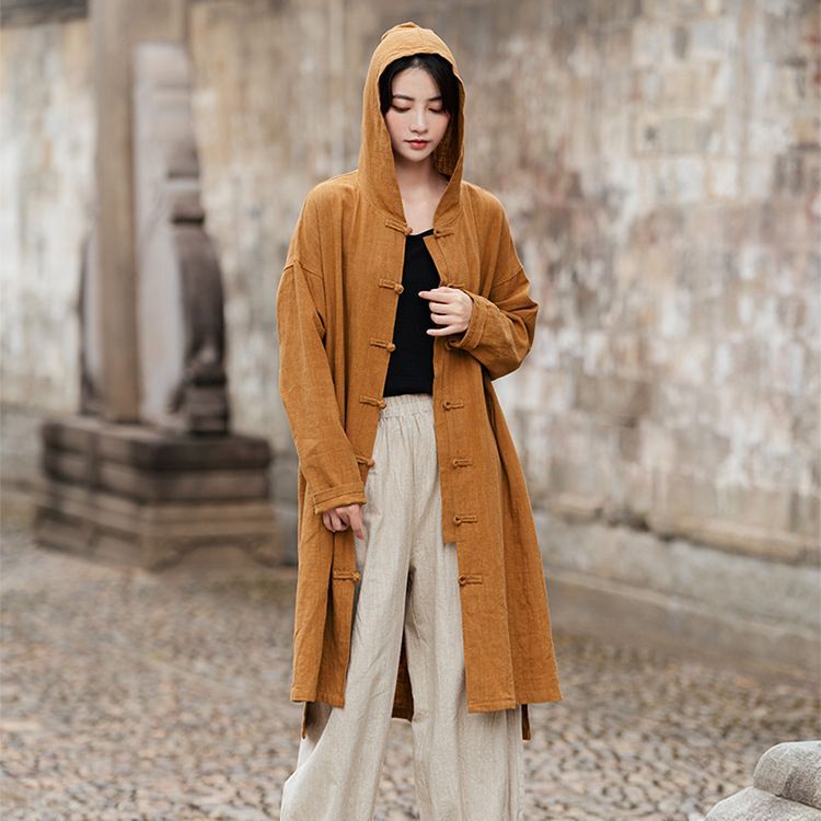 Cotton and Linen Women's Clothing with Buckles, Hooded Robe, Sand-Washed and Distressed Meditation Clothing, New Chinoiserie Women's Tops, Antique Retro Long Windbreaker