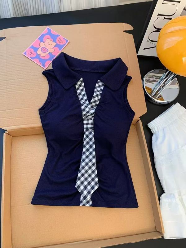 小众格纹领带设计感修身外穿内搭小上衣2025夏季设计感女辣妹背心|undefined