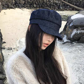 新款韩女复古光版深蓝色牛仔鸭舌帽休闲显脸小平顶帽纯色百搭帽子