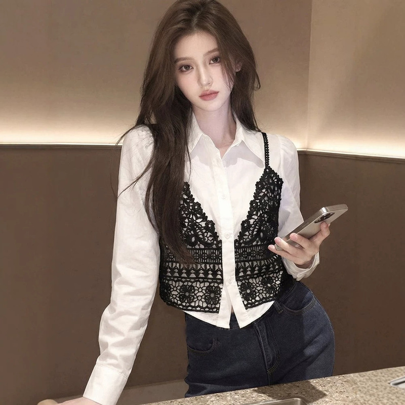Korean-style lace splicing faux two-piece long-sleeve shirt for women, new spring model, light luxury high-end white loose slimming top Korean-style lace splicing faux two-piece long-sleeve shirt for women, new spring model, light luxury high-end white loose slimming top