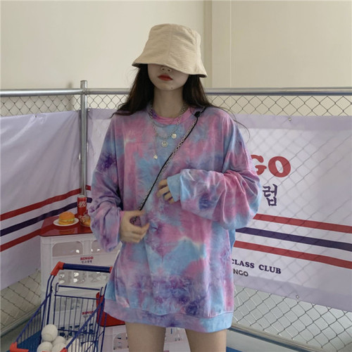 tie-dye Instagram long-sleeve T-shirt for women students plus size women Korean style loose autumn Urasawa outerwear autumn clothing outerwear T