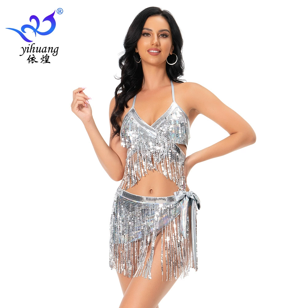 Блестящая ткань с кисточками, купальник-бикини, комплект с бюстгальтером, сценическая одежда с кисточками, танцевальная одежда, одежда для выступлений на выпускной