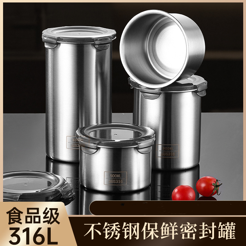 316 Stainless Steel Fresh-keeping Sealed Jar Household Refrigerator Refrigeration Storage Jar Multifunctional Round Large Capacity Storage Jar