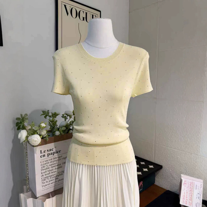 Ribbed Solid Color Round Neck Rhinestone Short-Sleeve T-Shirt for Women, Summer Knit Loose Stylish Versatile Knit Top