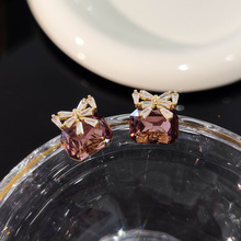 时尚镶钻蝴蝶结水晶方块耳钉女法式高级感名媛气质耳钉耳饰品批发