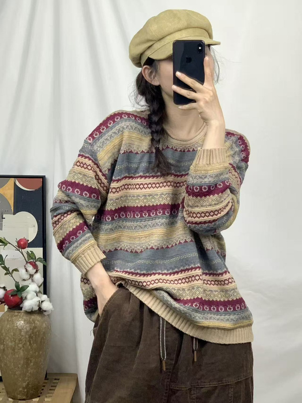 2025秋季新款 复古刺绣勾花撞色针织毛衣 宽松圆领套头内搭毛衣女|undefined