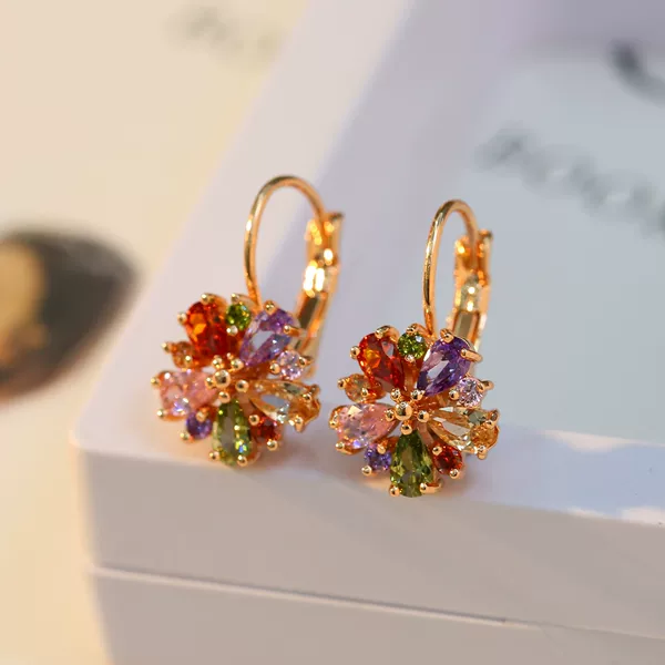Colored Earrings 18K Gold Zircon Light Luxury Gold Plated Rose Gold Crystal Flowers Advanced Sense Gem Earrings Elegant