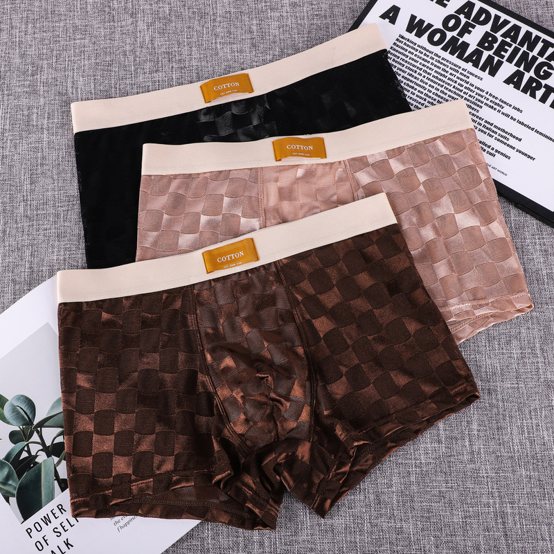 New Lace Men's Underwear, Trendy Printed Plaid Men's Boxer Briefs, Summer Ice Silk Breathable and Comfortable Boxer Briefs