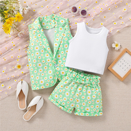 European and American-style kids' summer outfit set: New collection—children's daisy-patterned suit, waistcoat, and wide-leg pants—three-piece set