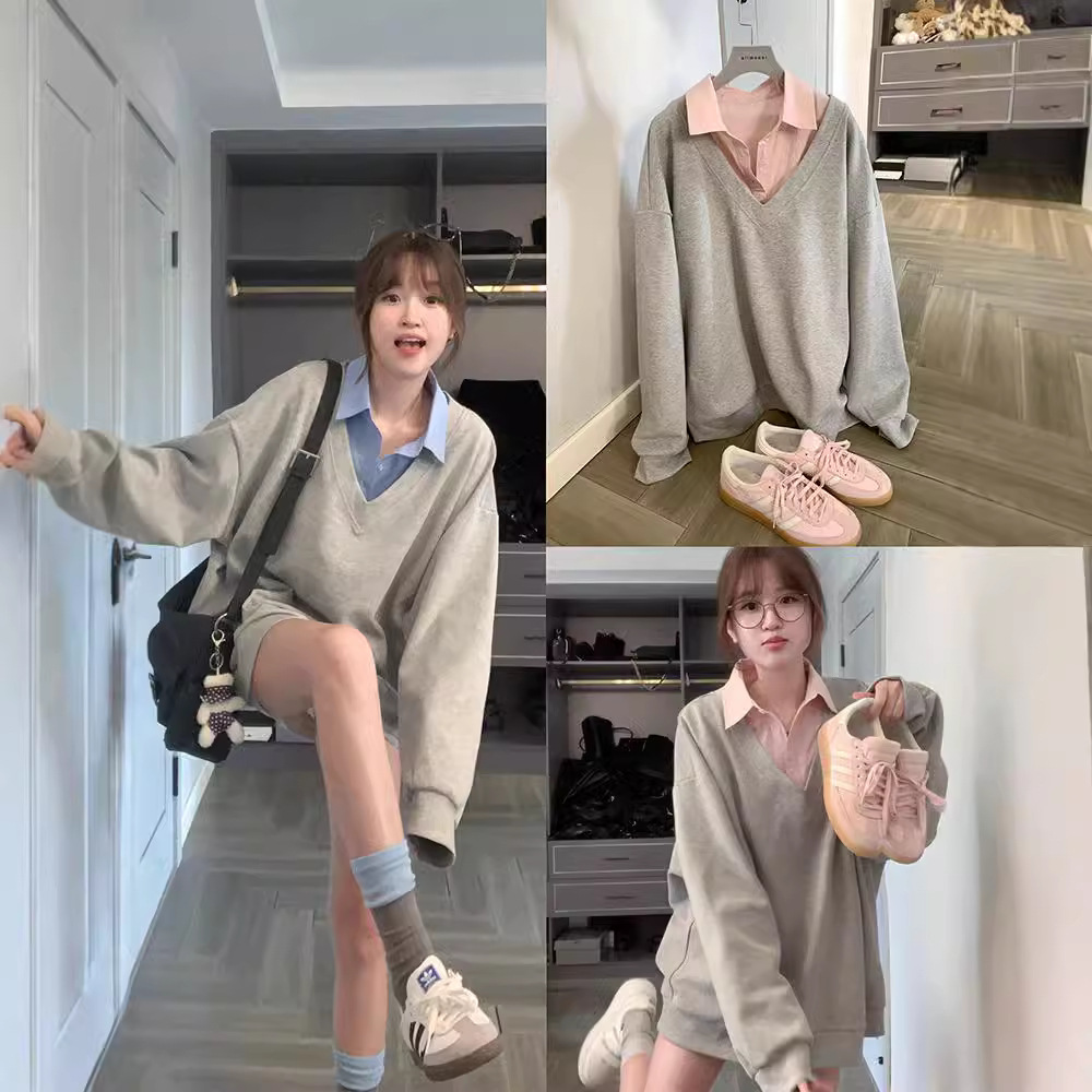 Grey V-neck Sweatshirt Women's Design Sense Stitching Fake Two-piece Jacket Korean Versatile Student Jacket 2024 Autumn New