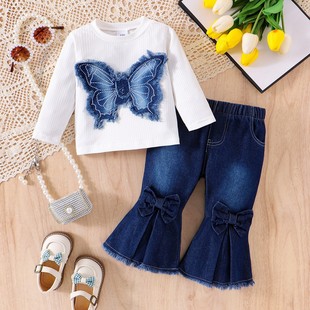 Cross-border Ins European and American Hot Selling Pants Suit for Autumn and Winter Long Sleeve Tape Butterfly Top with Flared Jeans suit