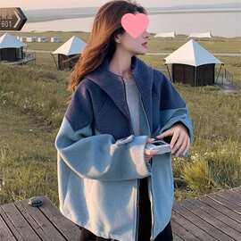 蓝色撞色连帽毛呢外套秋冬新款小个子呢大衣流行韩系设计