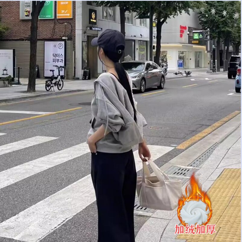 青岛即墨卫衣秋冬新款拉链抽褶连帽开衫慵懒风短款开衫上衣日韩风|undefined