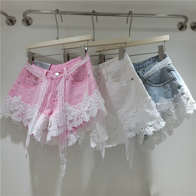 Trendy Patchwork Lace Denim Shorts for Women 2026 Summer High-Waisted Slimming Hot Girl A-Line Wide-Leg Pants Fashion
