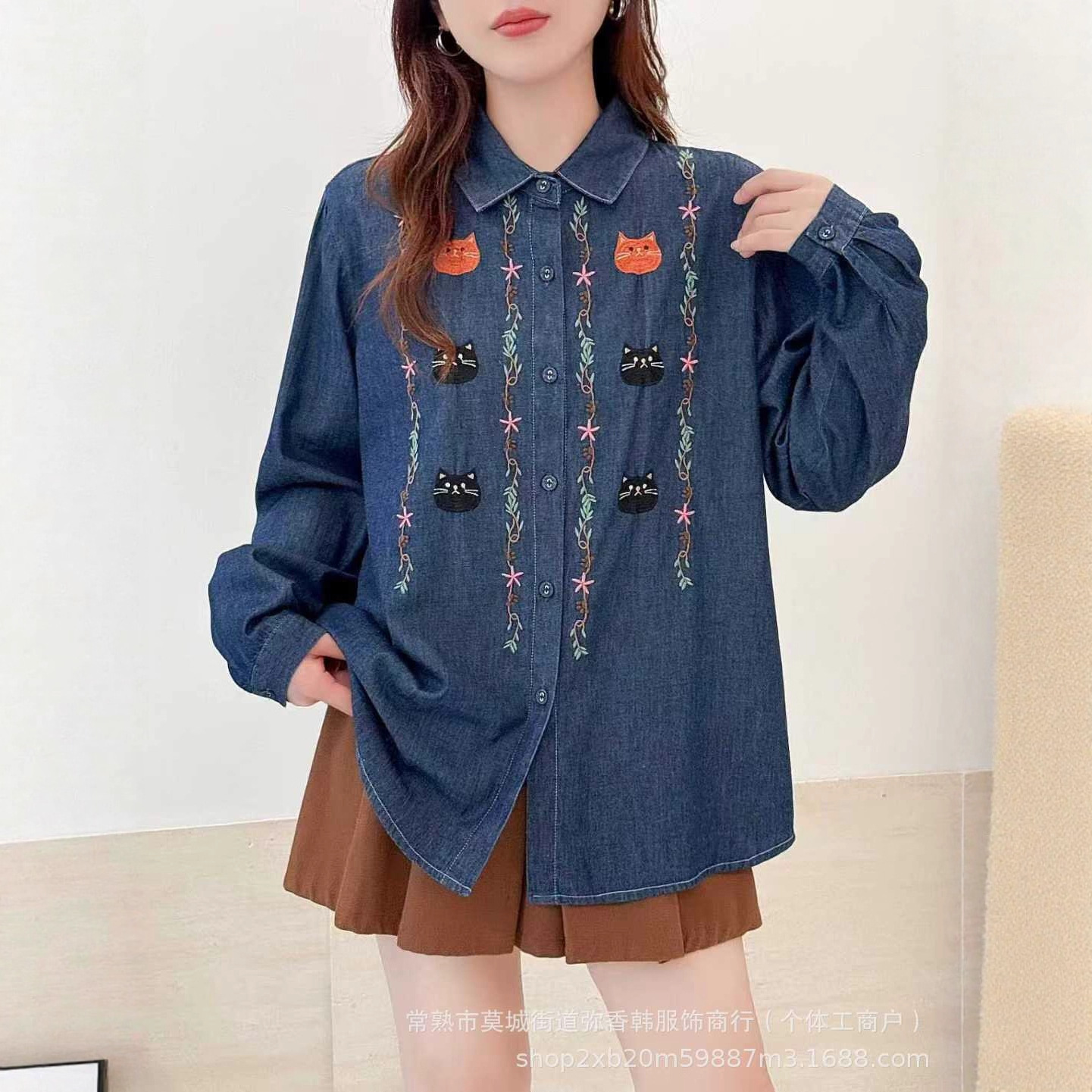 2025 Autumn New Japanese Style Retro Washed Embroidered Turn-Down Collar Versatile Long Sleeve Women's Casual Shirt