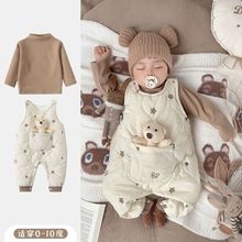 婴儿秋冬背带裤套装加绒保暖可爱网红超萌宝宝连体衣春季外穿爬服