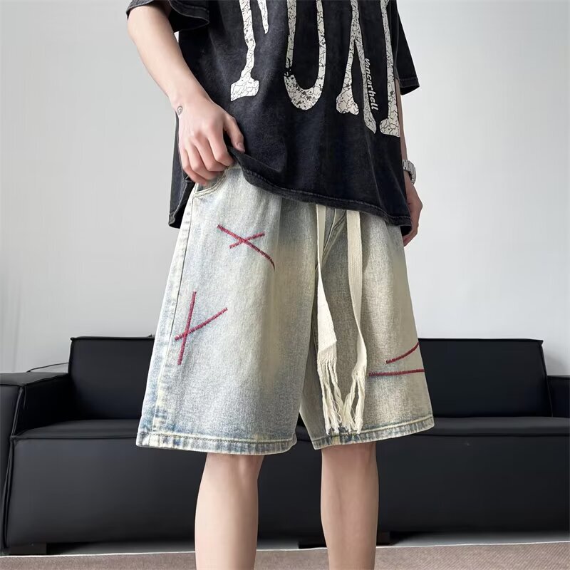 Hong Kong Style Ins Retro Web Denim Shorts Men's Summer New Loose Casual Trendy Brand Trend Versatile Five-Point Pants