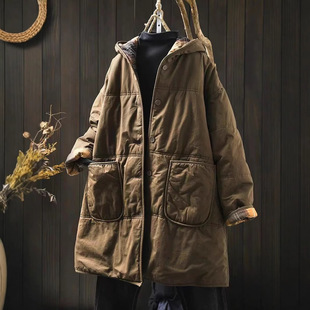 Winter New Large Pocket Hooded Mid-length Cotton-padded Jacket Women's Loose plus size Thickened Warm DS38