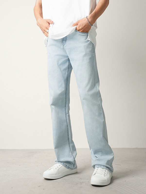Converges Light Blue Stretch Micro-Flared Jeans Men's Summer Thin Loose Straight Wide-Leg Pants Trendy