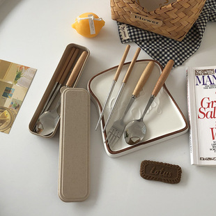 Net red cartoon cute stainless steel spoon wooden handle student portable with chopsticks spoon tableware set Wholesale
