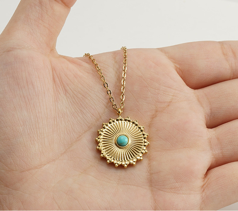 18K Gold Plated Plating Material 304 Stainless Steel Pendant Material Wholesale Jewelry Retro Round 304 Stainless Steel Turquoise 18K Gold Plated Inlay Stainless Steel Necklaces