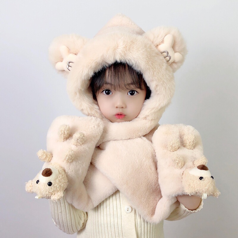 新款可爱毛绒保暖秋冬护耳帽子一体小熊冬季帽子围巾手套三件套女|undefined