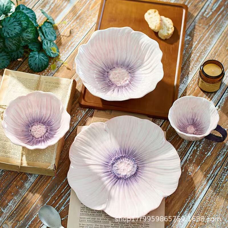 New Poppy Flower Ceramic Dinnerware Set Oven-Safe Trendy Dessert Plates Soup Bowls Baking Trays Serving Trays