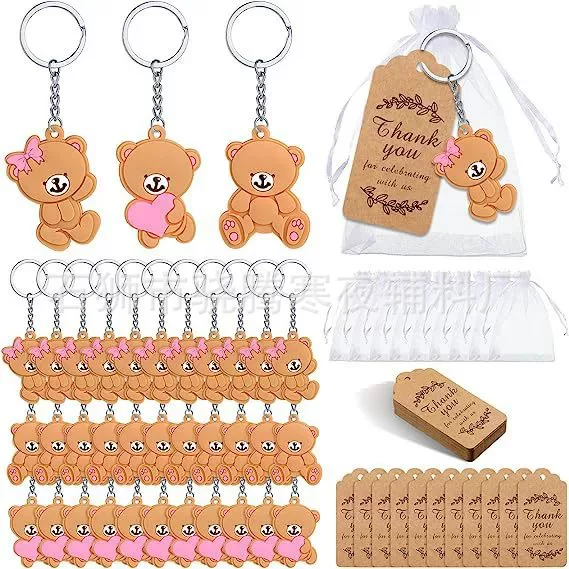 Cute Blue and Pink Bear Keychain in Stock Pvc Soft Rubber Material Holiday Gift Pendant Set Cross-Border Amazon