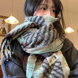 绿色格子仿羊绒围巾女冬季韩系氛围感加厚保暖围脖学生披肩外搭