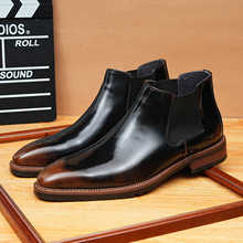 高品质套脚切尔西短靴时尚真皮尖头皮鞋正装商务高帮男鞋马丁靴