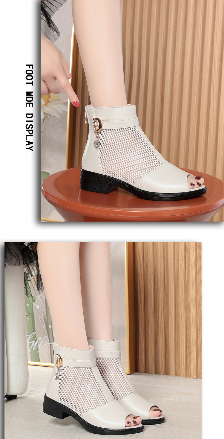 Giày sandal cao gót nữ hở mũi da thật lưới thoáng khí, gót thô ổn định, đế mềm — Đen/mũi hở chi tiết 8