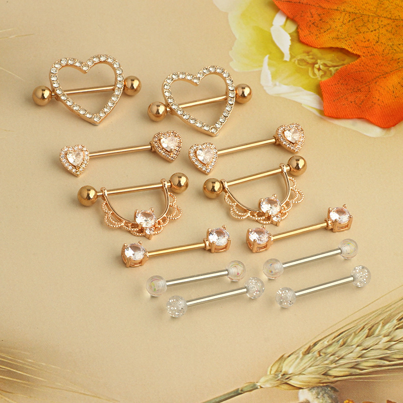 Amazon Hot Sale Stainless Steel Inlaid Zircon Breast Ring Straight Rod Love Tongue Nail Body Piercing Jewelry 12-Piece Set detail image 10