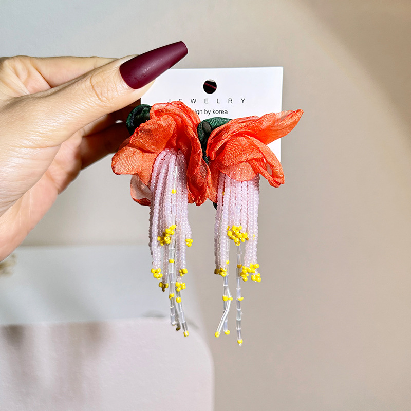 Cute Flower Cloth Seed Bead Handmade Women's Drop Earrings display picture 2