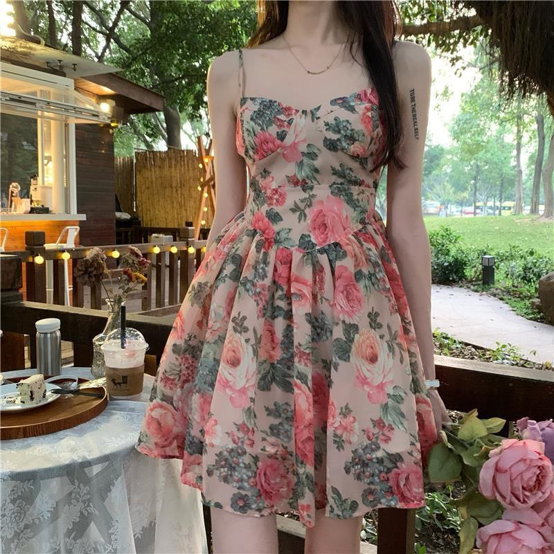 High-Waisted Elegant Slimming Look Floral Suspender Dress Fairy Spring and Summer French Style New A-Line Short Skirt for Small People
