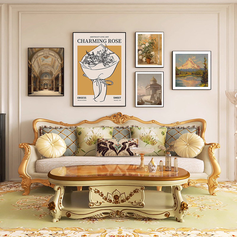 美式轻奢客厅装饰画欧式艺术高级感组合画复古风格沙发背景墙挂画